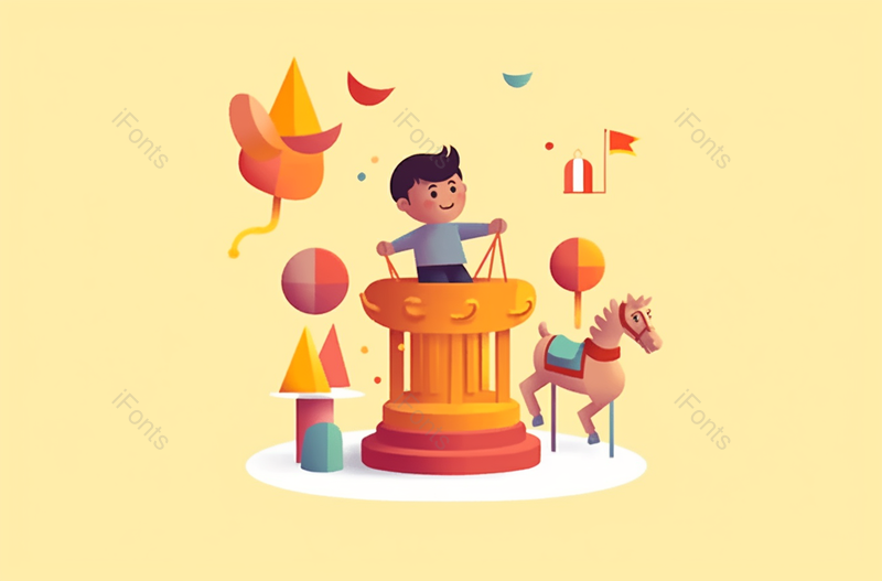 C4D风格旋转木马上的可爱的男孩插画,插画/手绘图,插画/手绘图库,插画/手绘图下载,插画/手绘